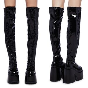 Demonia Camel 300 Mistress May Patent Leather Thigh High Chunky Platform Boots